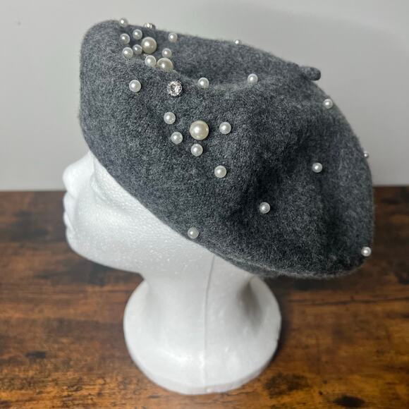 Marcus Adler New York Women's Beret Wool Blend Gray Beaded Pearls & Rhinestones - Picture 5 of 8